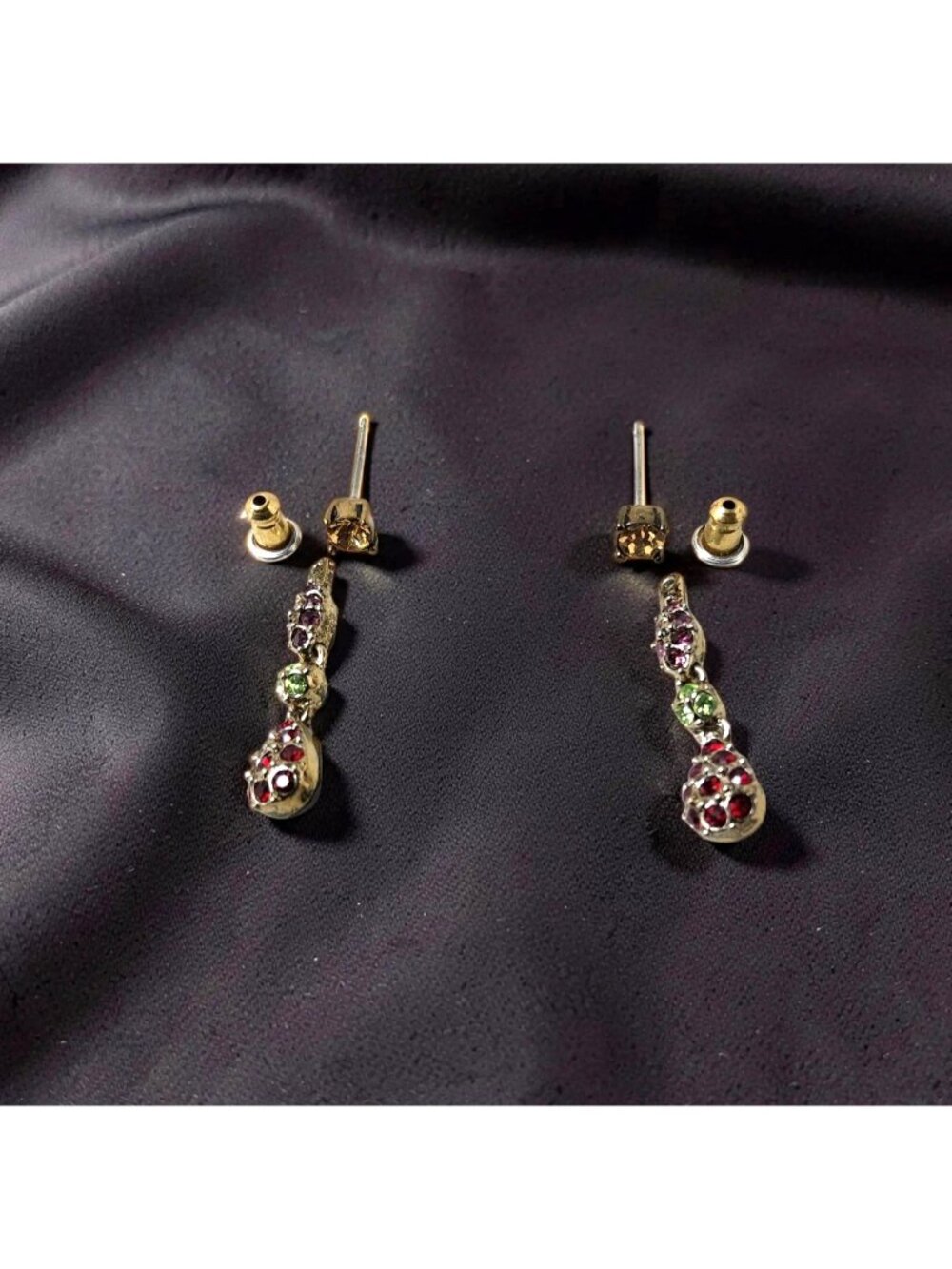 Vintage 1950's Gold Tone Red and Aqua Color Chrystal Reversible Dangle Earrings
